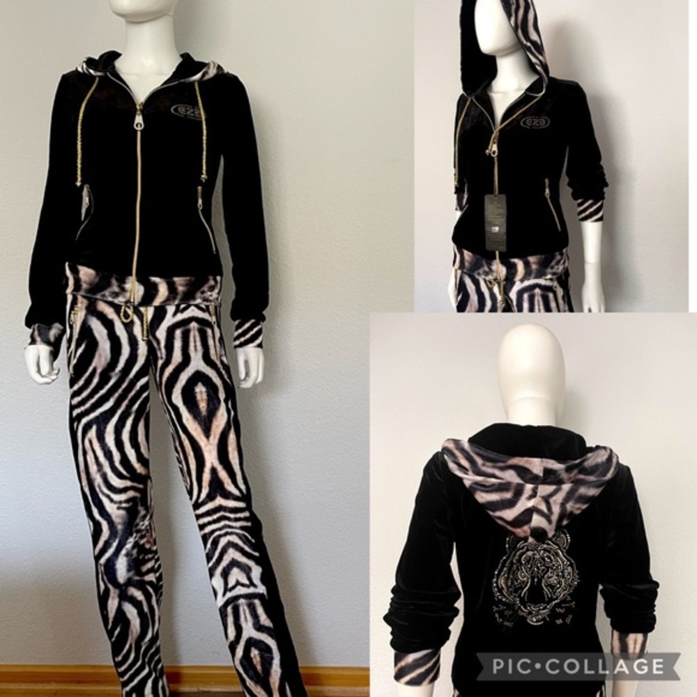 NWT‎ WOMEN VELOUR TRACKSUIT 2P SET JACKET/PANTS ANIMAL PRINT LOUNGEWEAR HOODED
